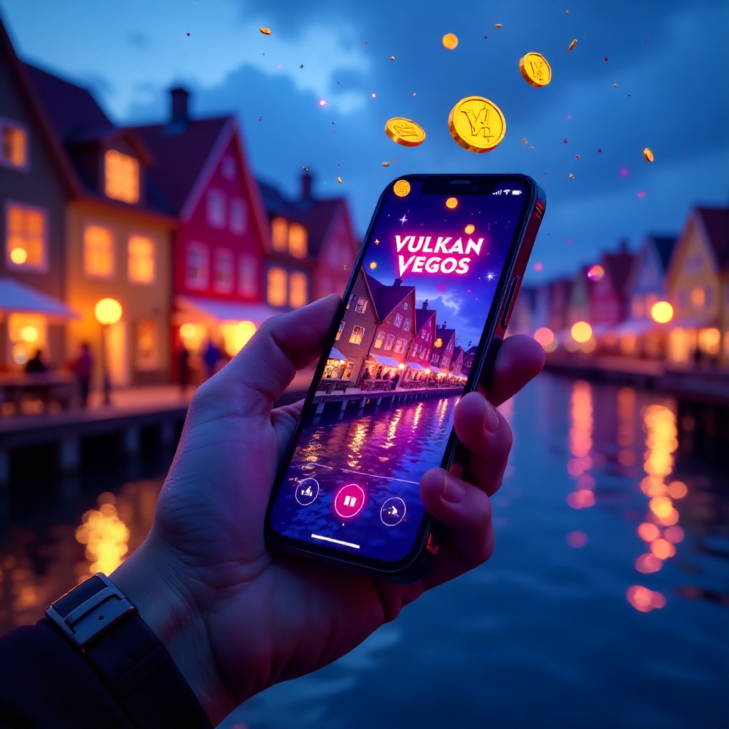 A hand holding a high-end smartphone with Vulkan Vegas colorful interface, background featuring the iconic Opera House in Oslo or the colorful wooden houses of Bryggen in Bergen. Neon blue and violet brand colors, 3D flying golden coins and vibrant casino